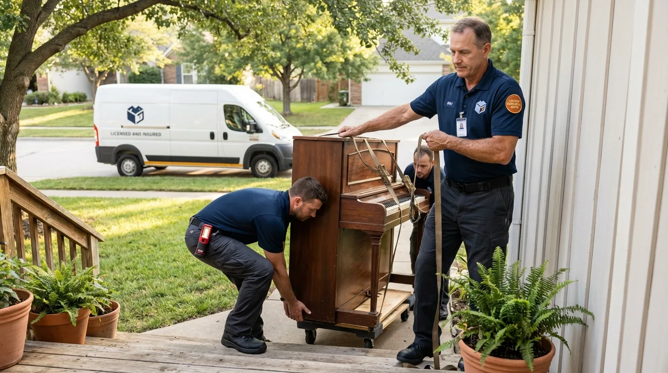 Licensed piano movers securing grand piano in Pittsburgh, PA