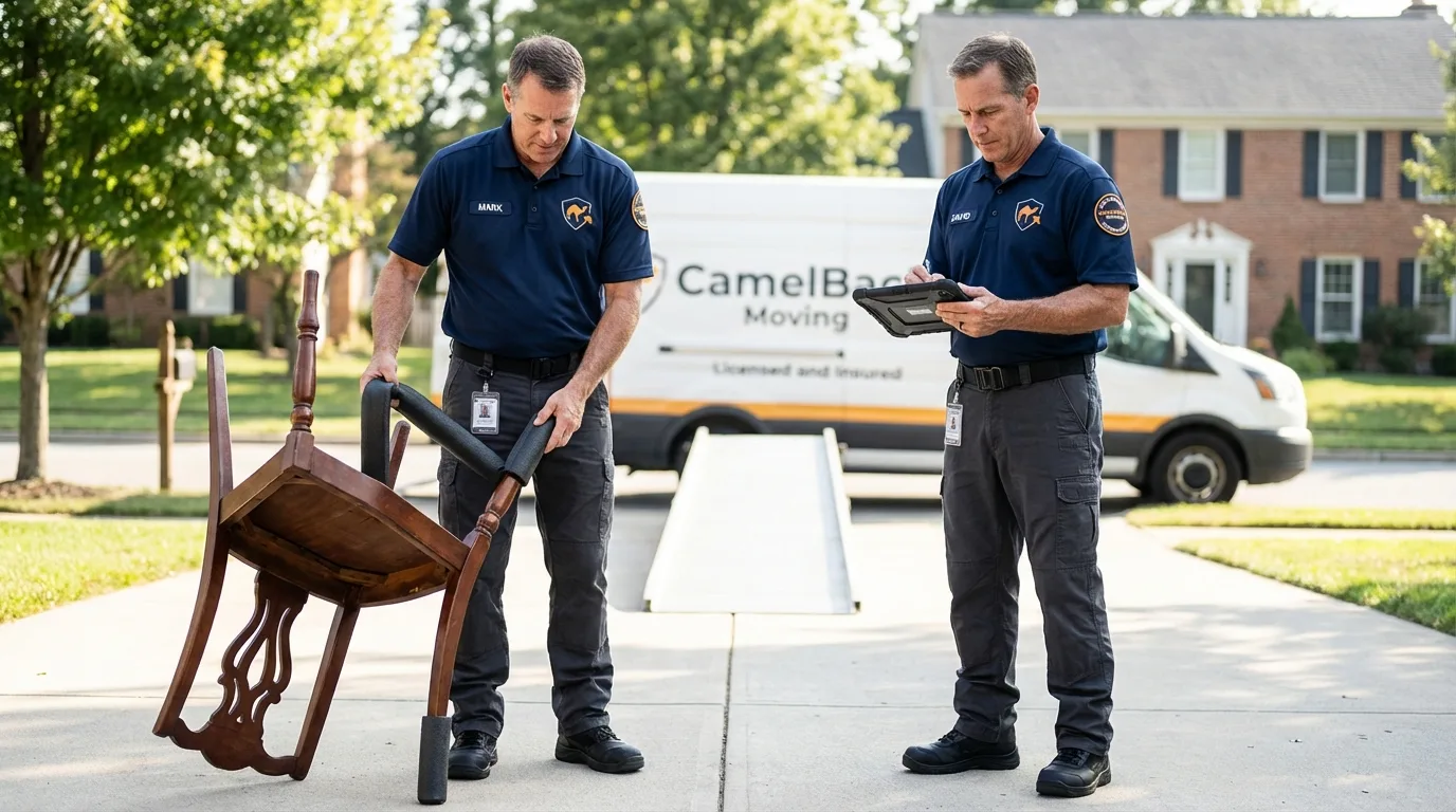 Movers inspecting furniture for damage prevention before loading in Pittsburgh, PA